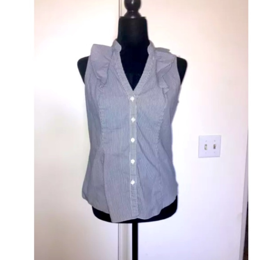 Tahari Ruffle Top Small Navy & White Pinstripes
